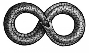 The sign and symbol of infinity, the Ouroboros dragon, serpent, snake is depicted in this picture.